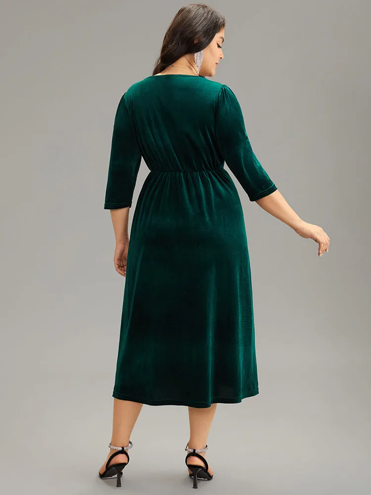Plain Velvet Wrap Gathered Split Front Dress