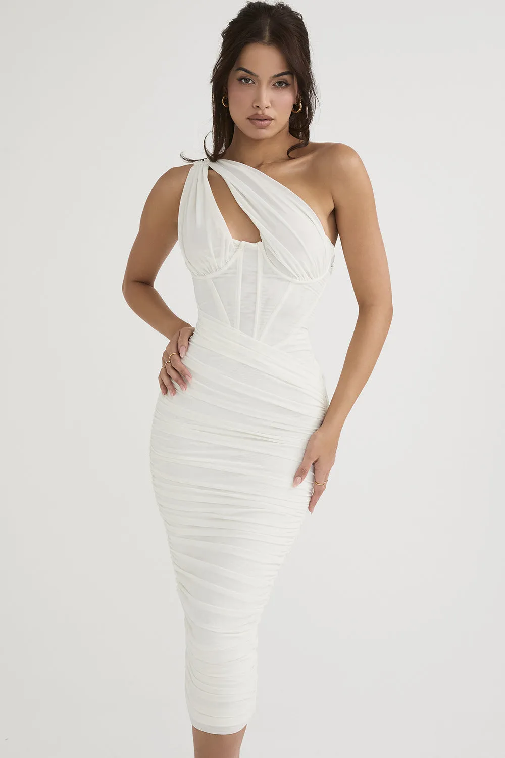 Pleated One-Shoulder Corset Dress