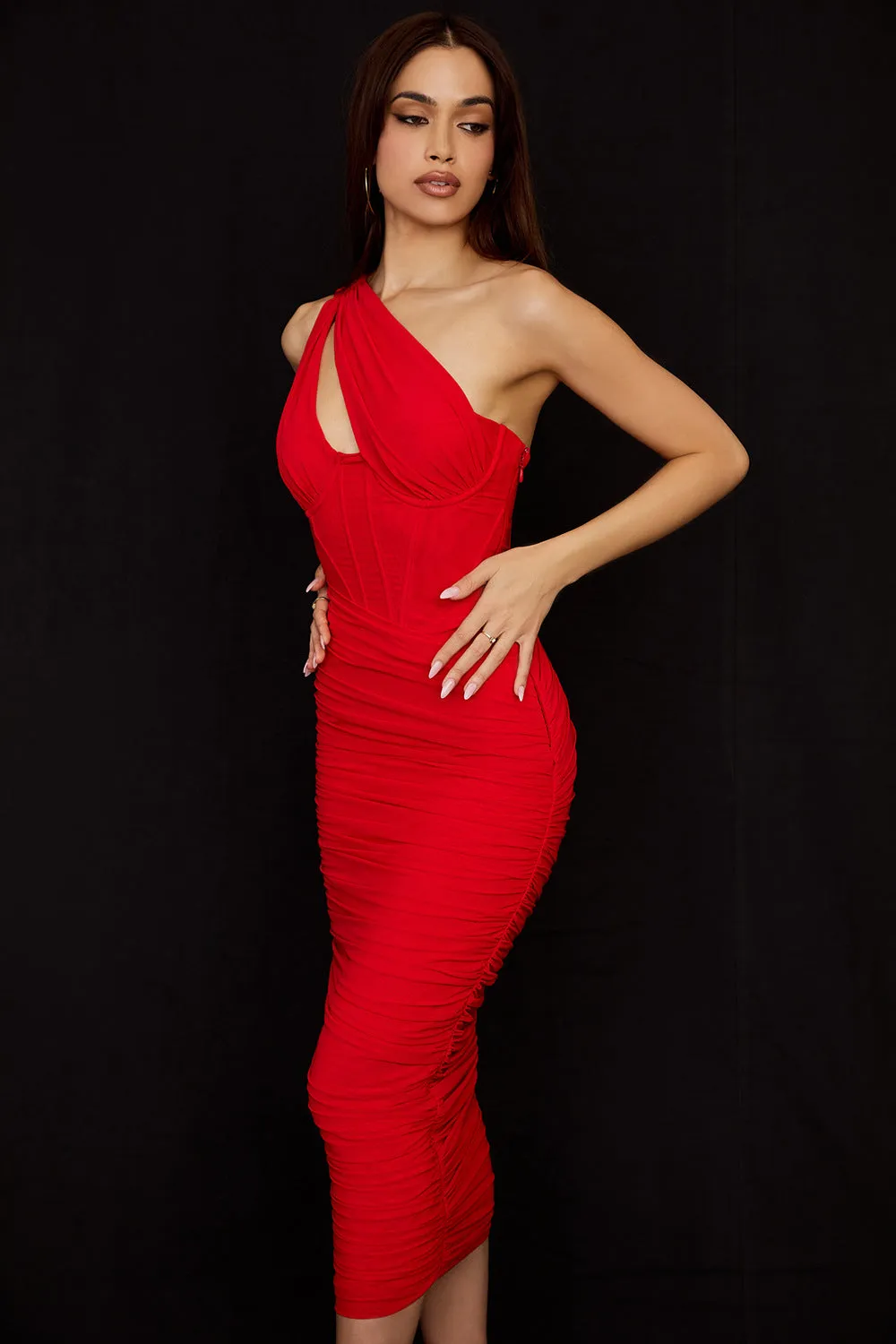 Pleated One-Shoulder Corset Dress