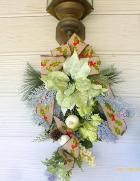 Poinsettia Door Swag in Sage Green, Holiday Door Decorations