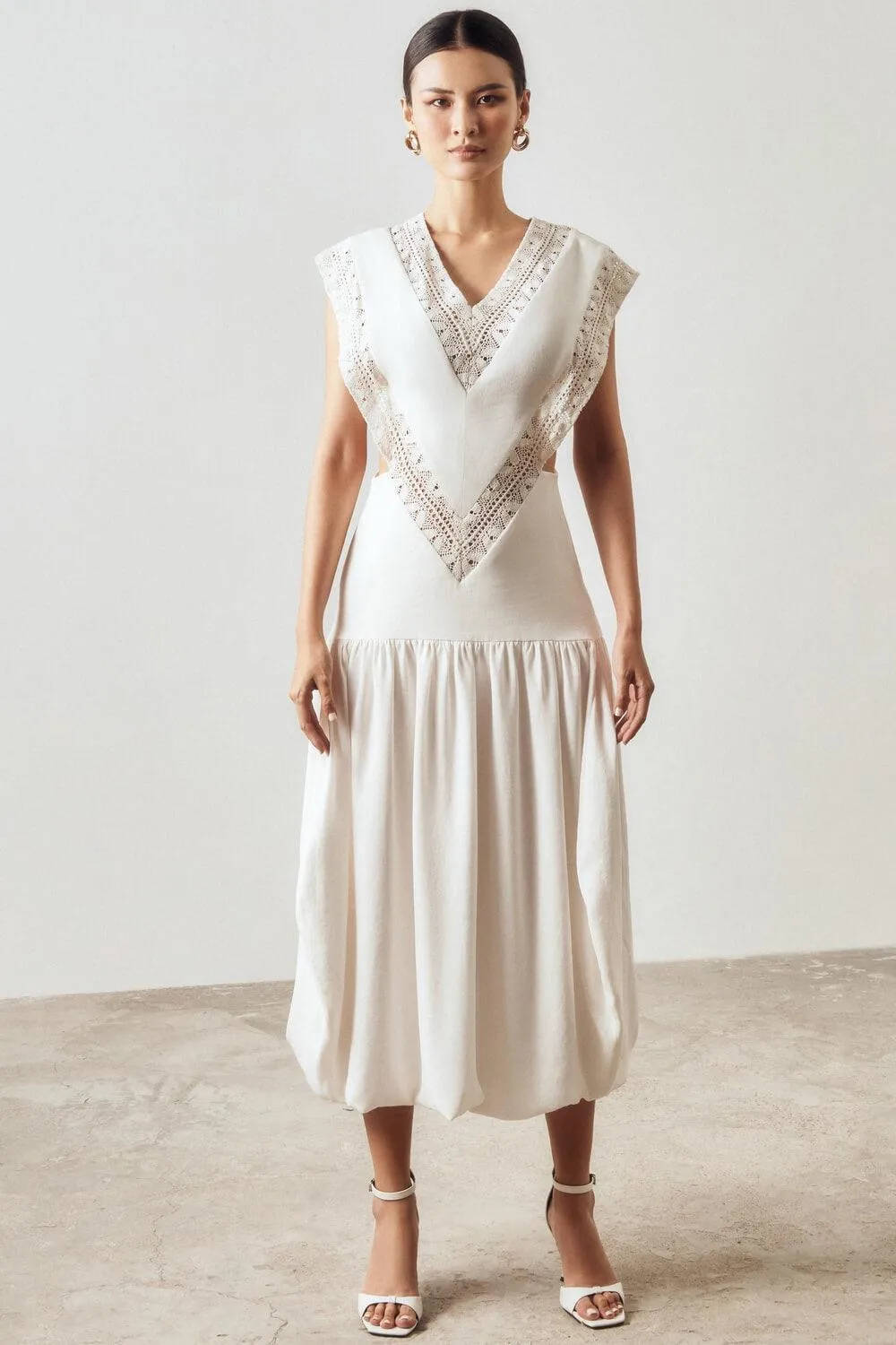 Poorna Drop Waist V-Neck Silk Lace Midi Dress