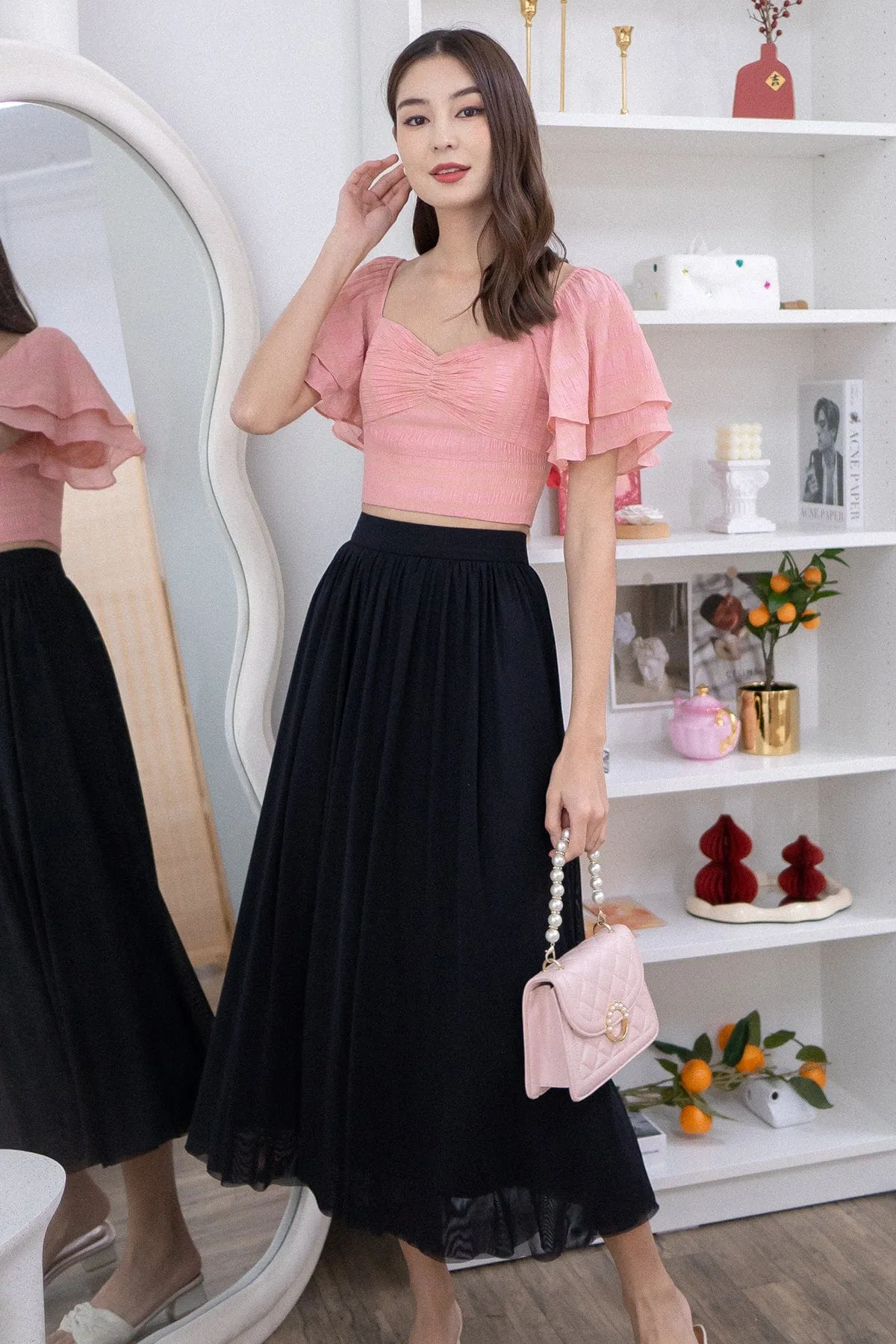 REAGAN MESH MIDAXI SKIRT IN BLACK
