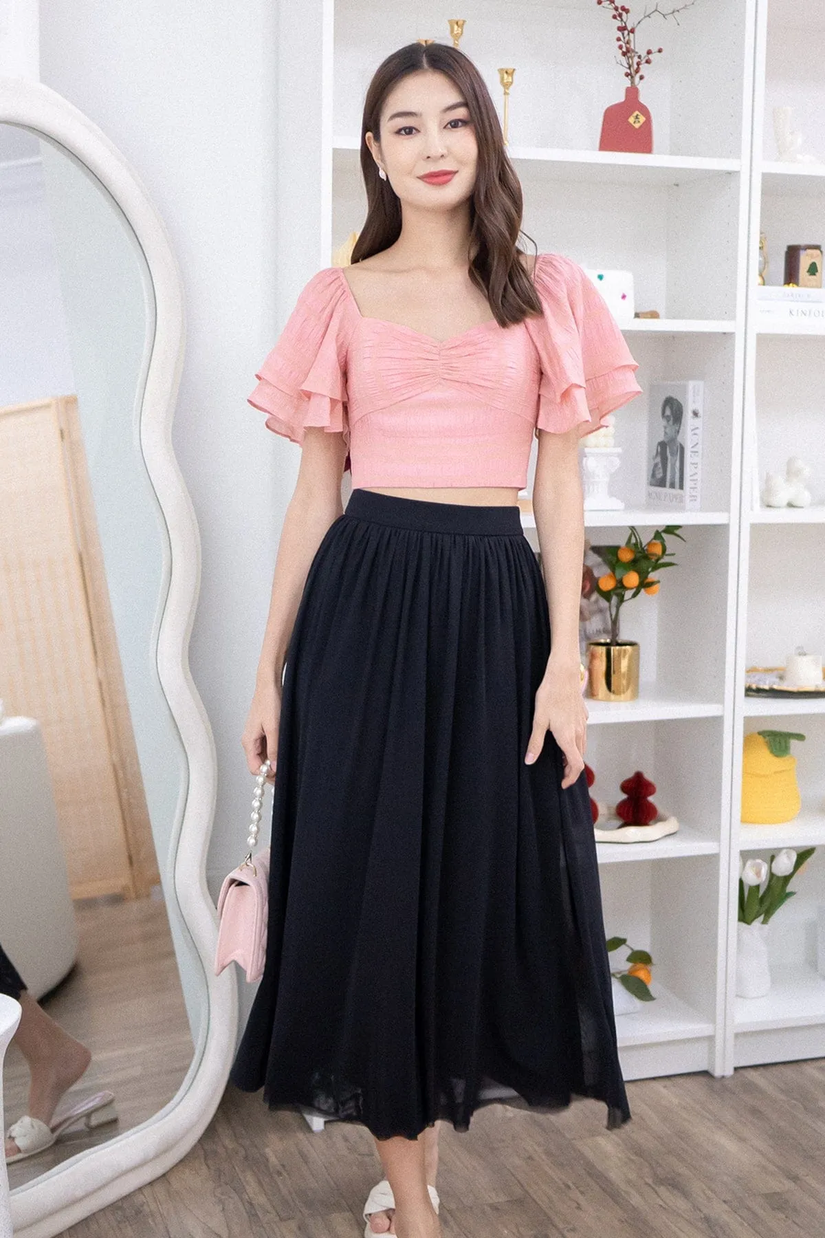 REAGAN MESH MIDAXI SKIRT IN BLACK