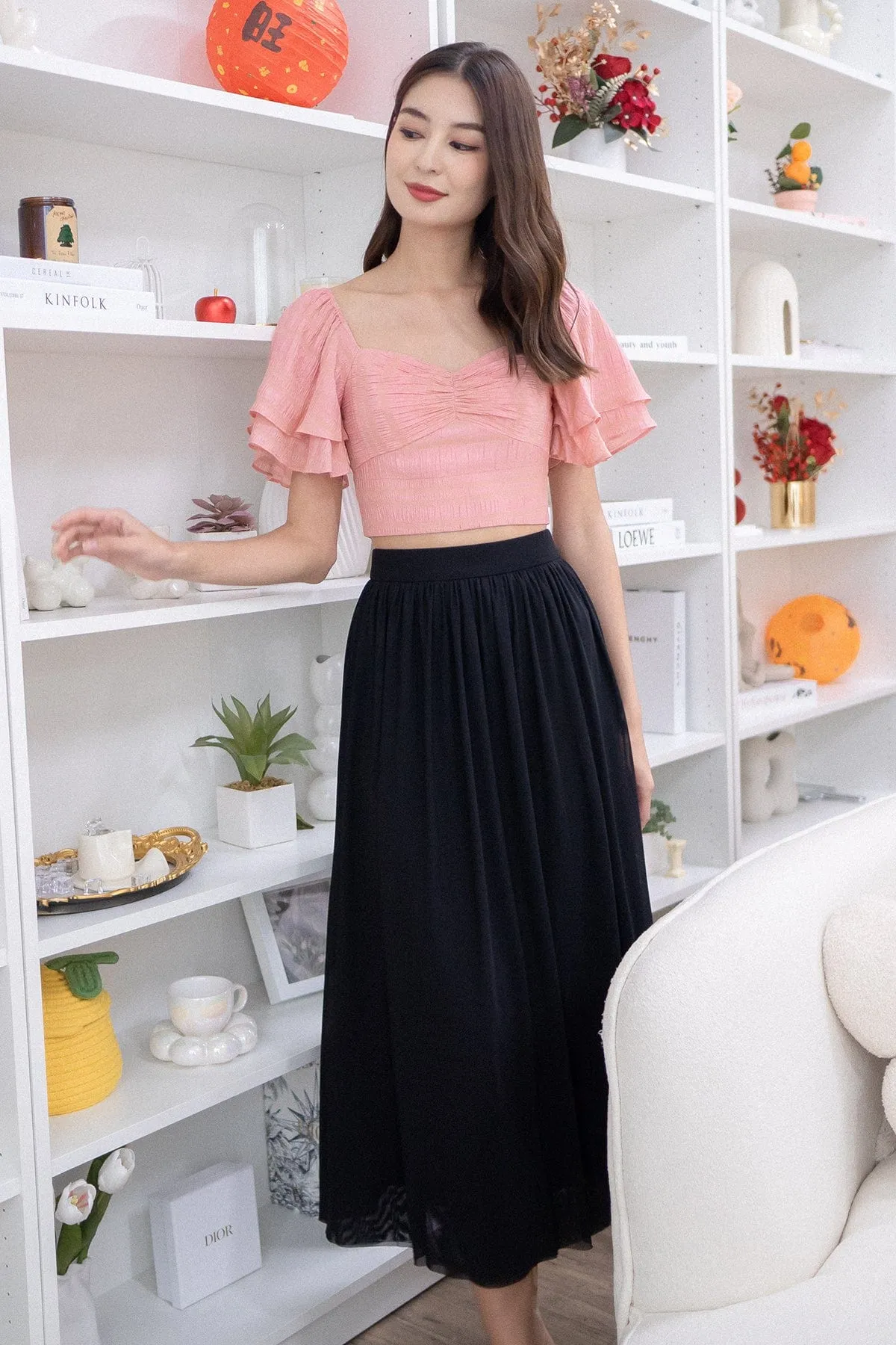 REAGAN MESH MIDAXI SKIRT IN BLACK