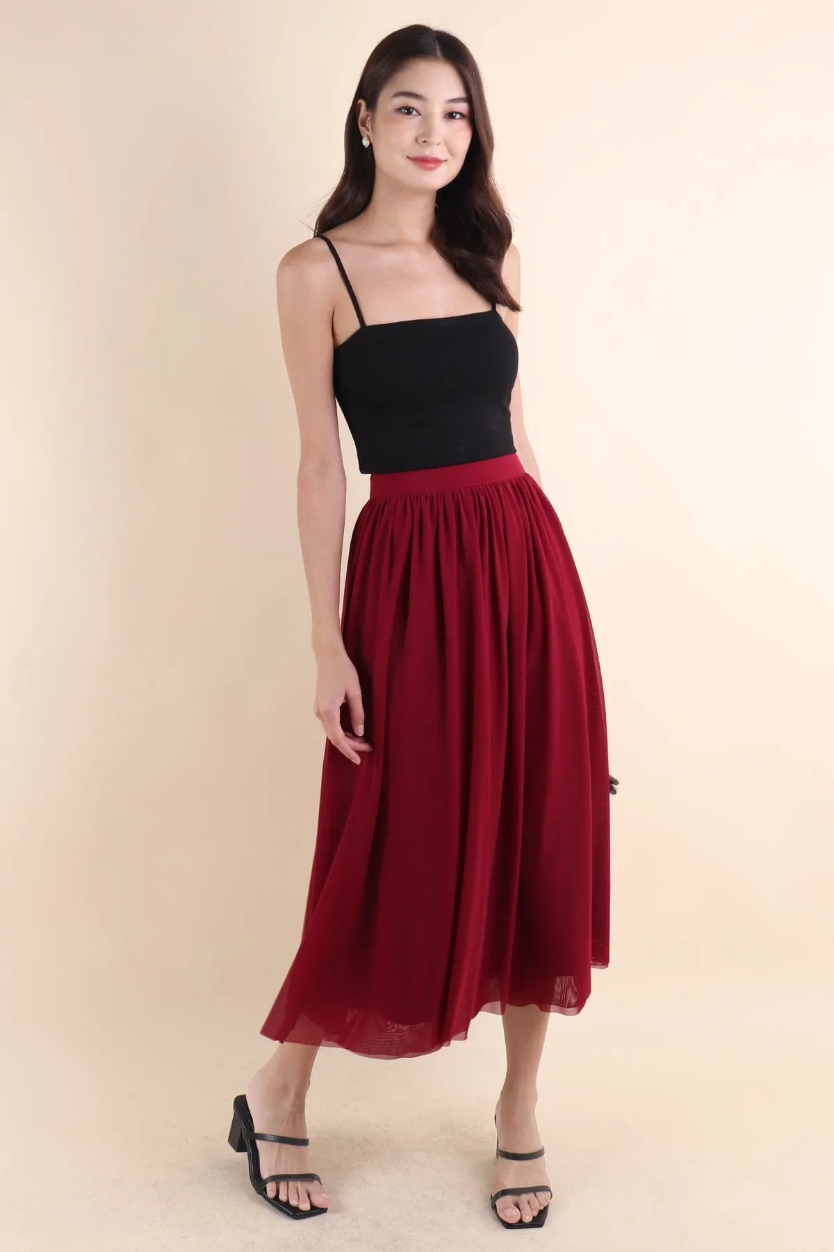 REAGAN MESH MIDAXI SKIRT IN WINE