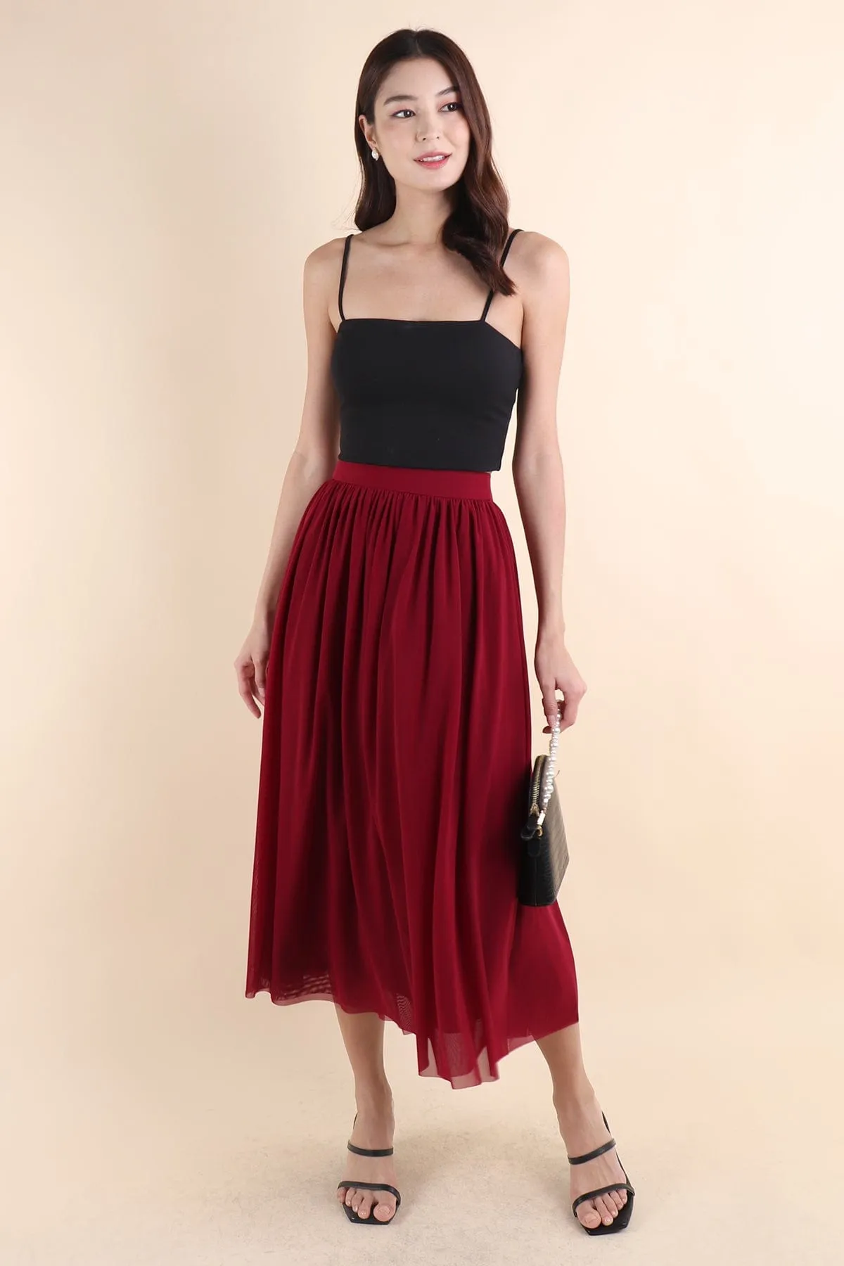 REAGAN MESH MIDAXI SKIRT IN WINE
