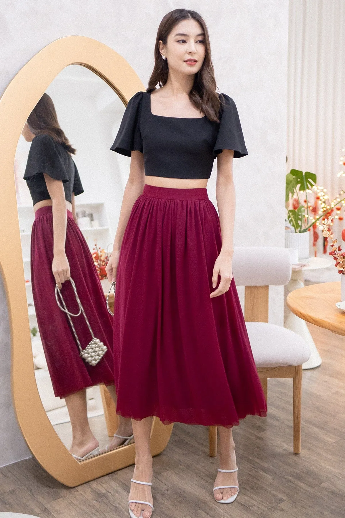 REAGAN MESH MIDAXI SKIRT IN WINE