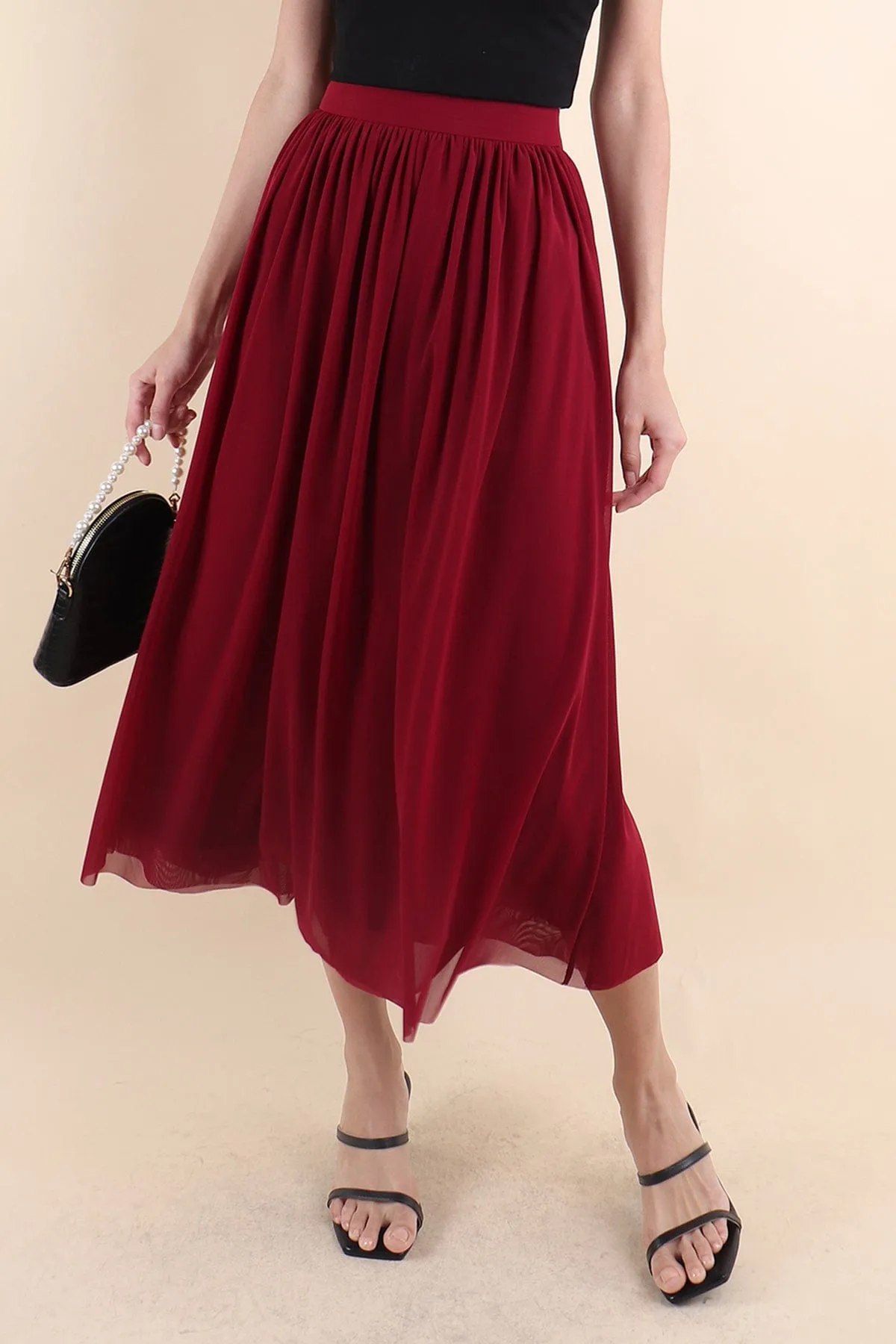 REAGAN MESH MIDAXI SKIRT IN WINE