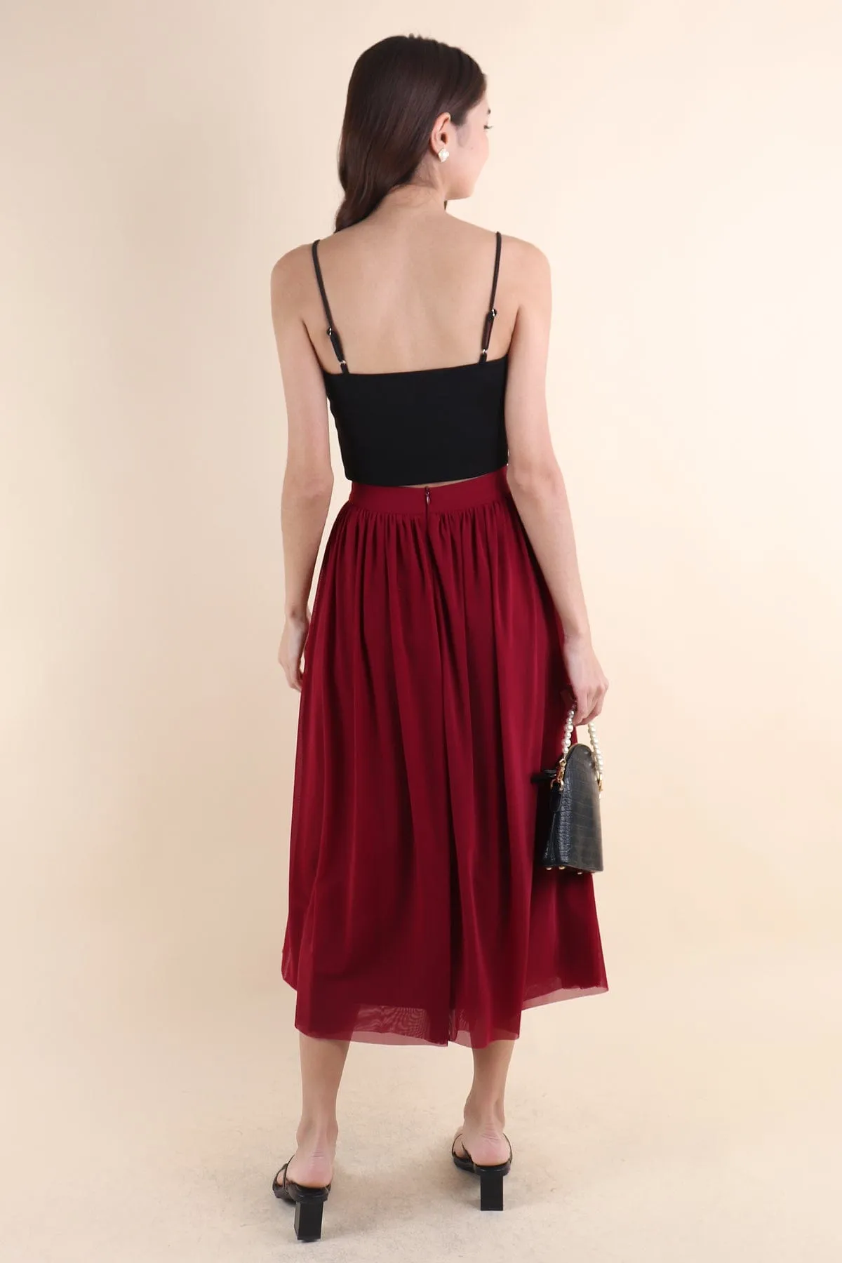 REAGAN MESH MIDAXI SKIRT IN WINE