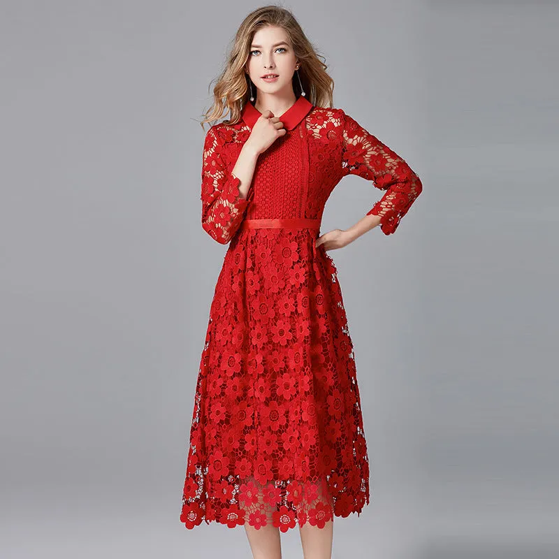 Red Skirt Women's Long-sleeved Water-soluble Lace A-line Large Size Dress