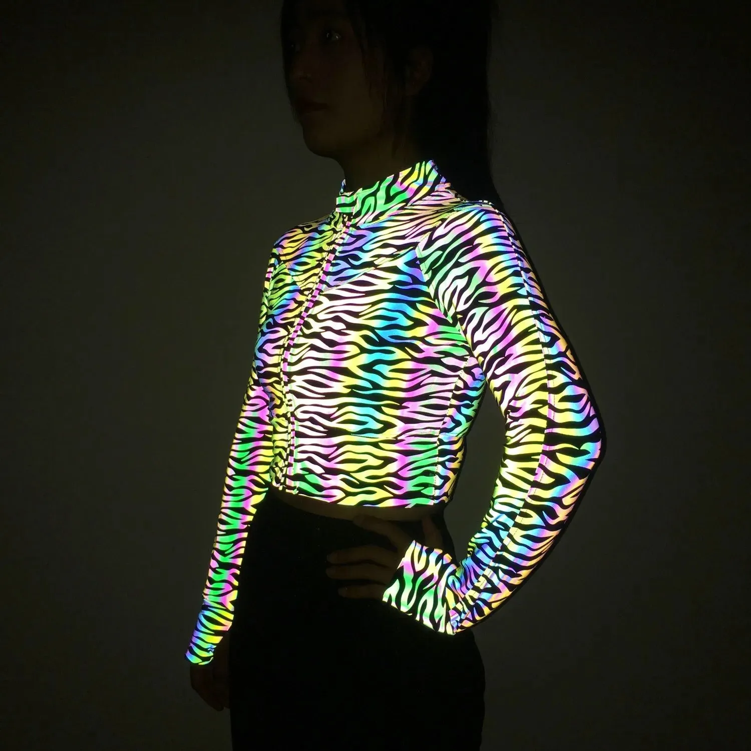 Reflective Print Long Sleeve Cropped Jacket