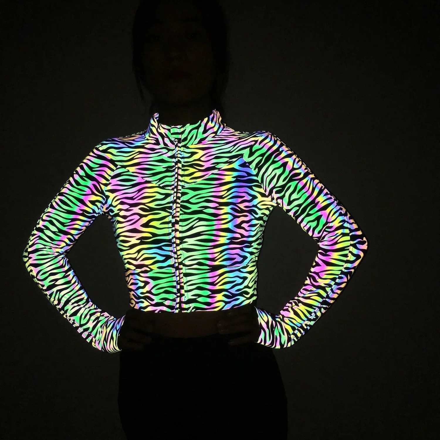 Reflective Print Long Sleeve Cropped Jacket