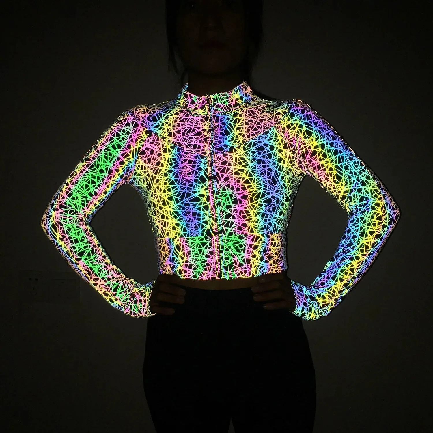 Reflective Print Long Sleeve Cropped Jacket