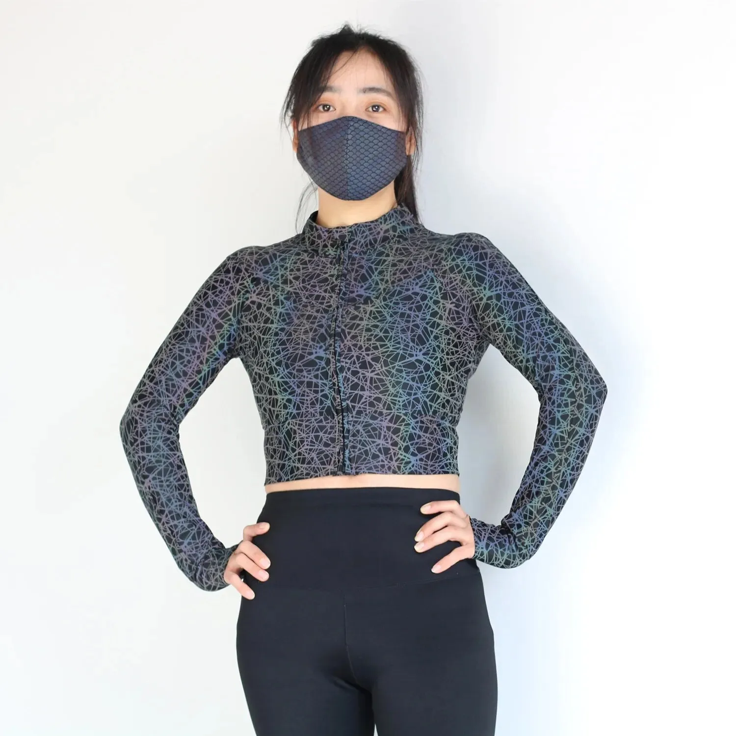 Reflective Print Long Sleeve Cropped Jacket