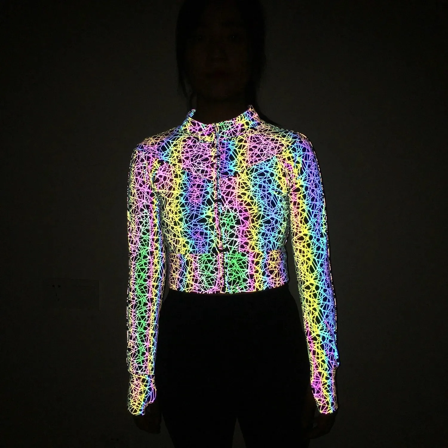 Reflective Print Long Sleeve Cropped Jacket
