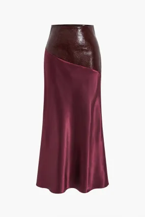 Satin Patchwork Faux Leather Asymmetrical Skirt