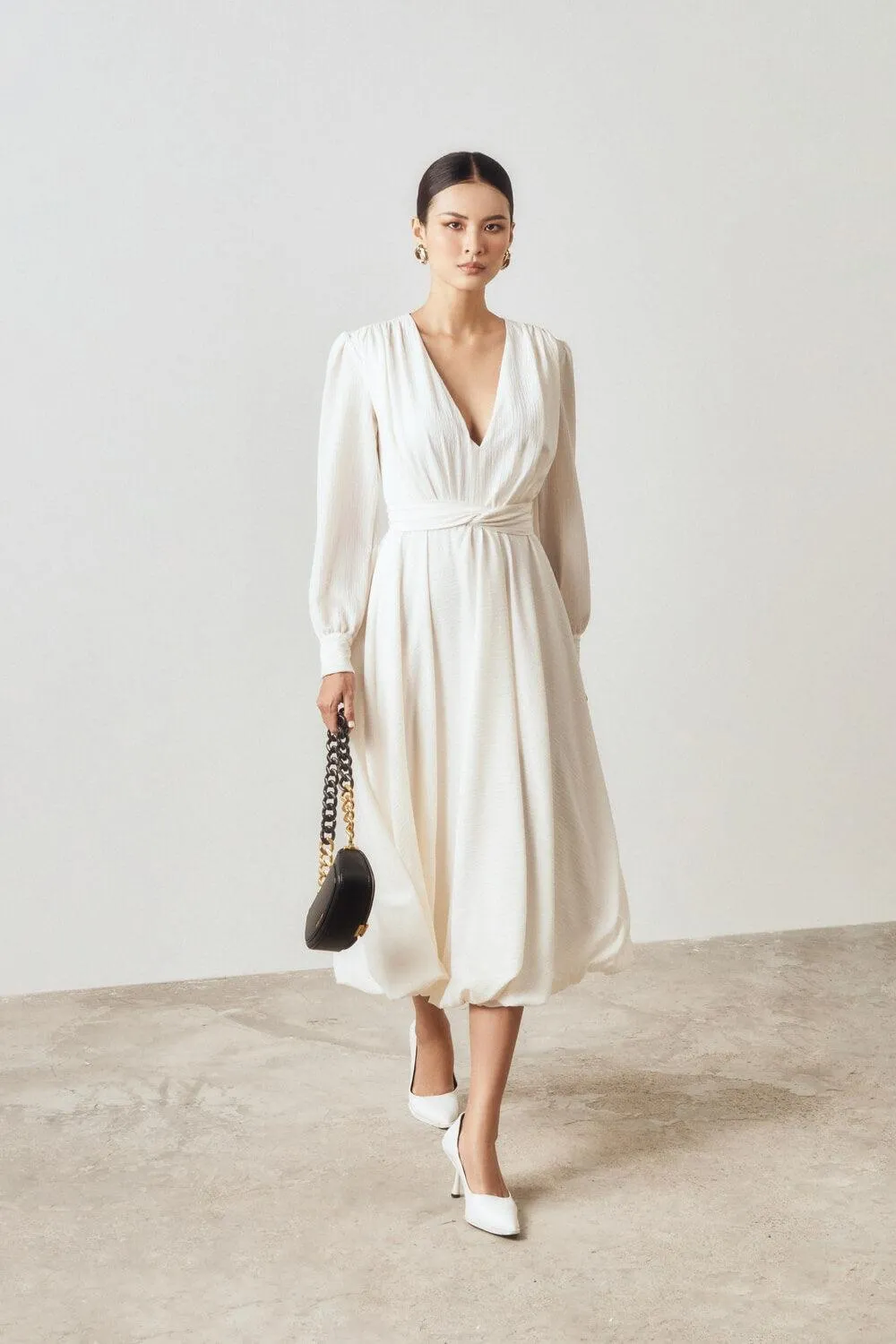 Shira Gathered V-Neck Chiffon Midi Dress