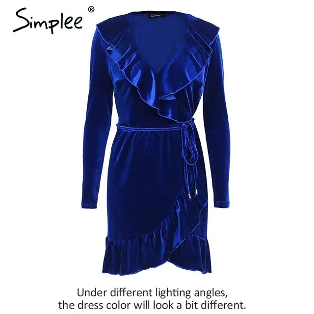 Simplee Ruffle vintage velvet dress women V neck short sexy dress Autumn winter long sleeve blue wrap dress vestido de festa