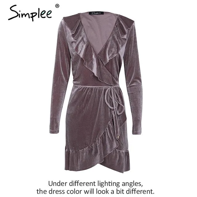 Simplee Ruffle vintage velvet dress women V neck short sexy dress Autumn winter long sleeve blue wrap dress vestido de festa