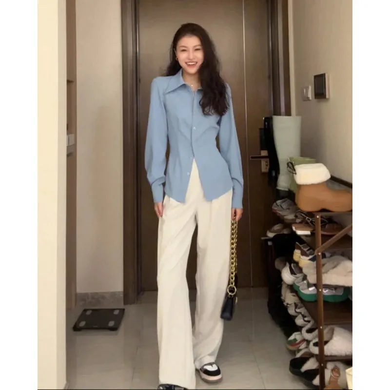 Slim Waist Sexy Fashion Female Shirts Solid Color Polo Neck Lace-up Women's Shirt White Black Blue Elegant Basic Shirts