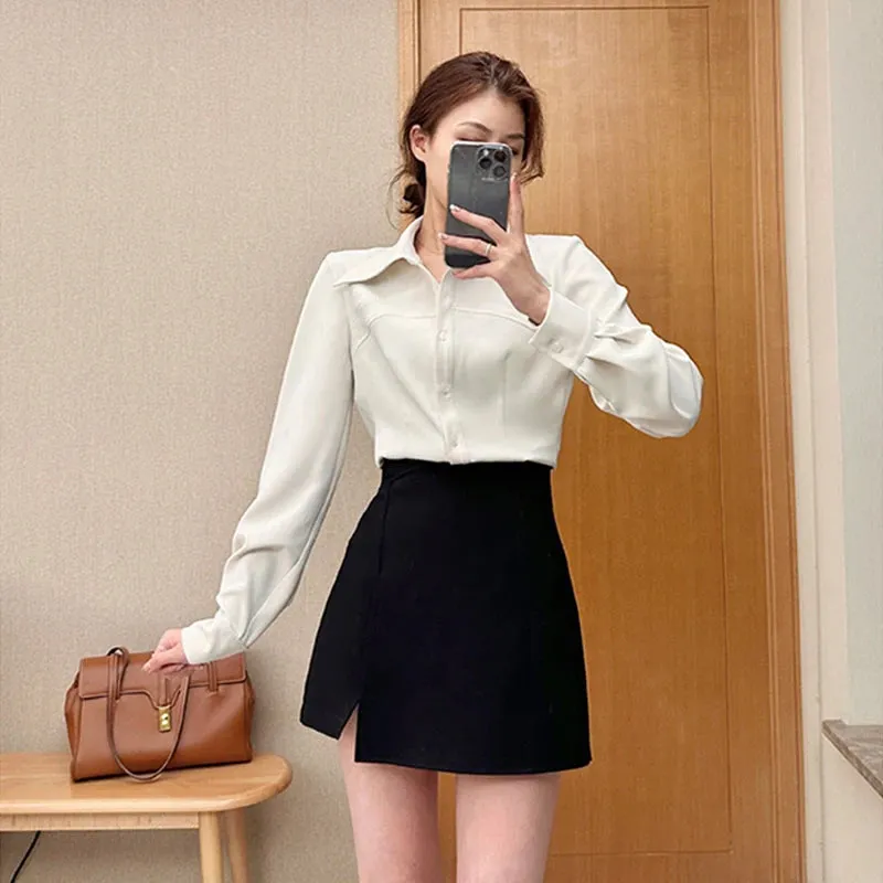 Slim Waist Sexy Fashion Female Shirts Solid Color Polo Neck Lace-up Women's Shirt White Black Blue Elegant Basic Shirts
