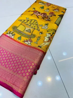Smart Yellow Kalamkari Printed Saree With Redolent Blouse Piece