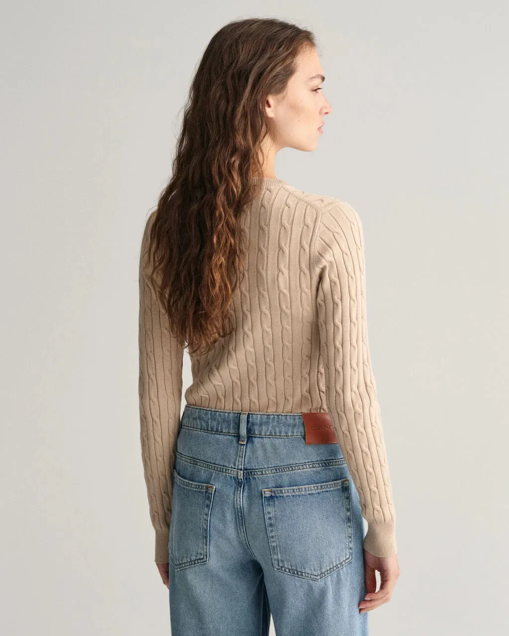 Stretch Cotton Cable Knit Crew Neck Sweater