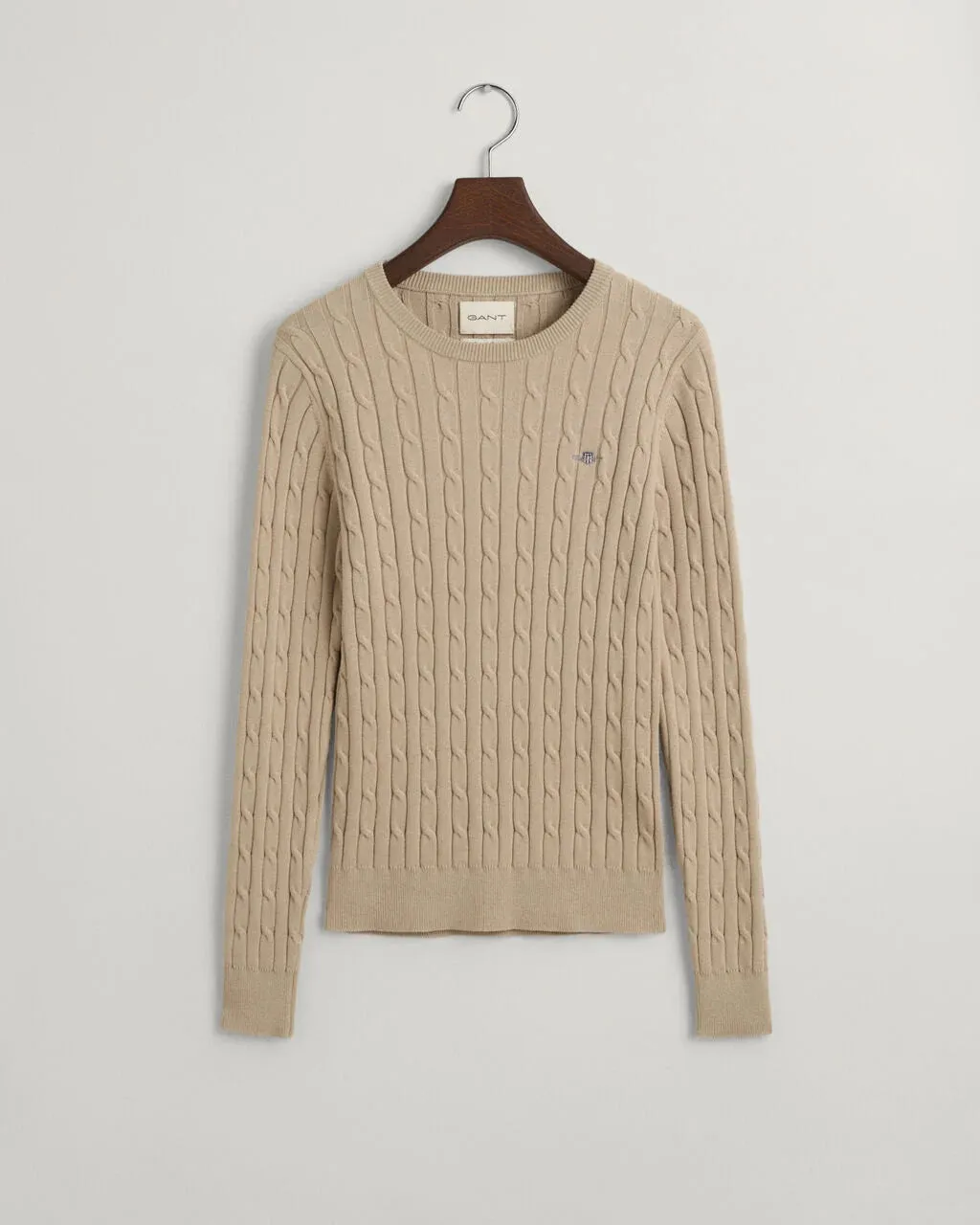 Stretch Cotton Cable Knit Crew Neck Sweater