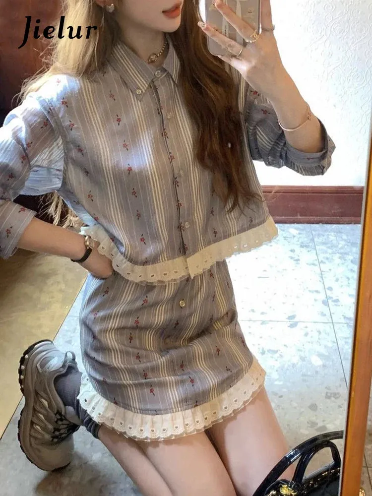 Striped Floral Polo Lace Sweet Women's Shirts Two Piece Set High Street Spell Color Fashion Female Shirt Single Breasted