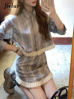 Striped Floral Polo Lace Sweet Women's Shirts Two Piece Set High Street Spell Color Fashion Female Shirt Single Breasted