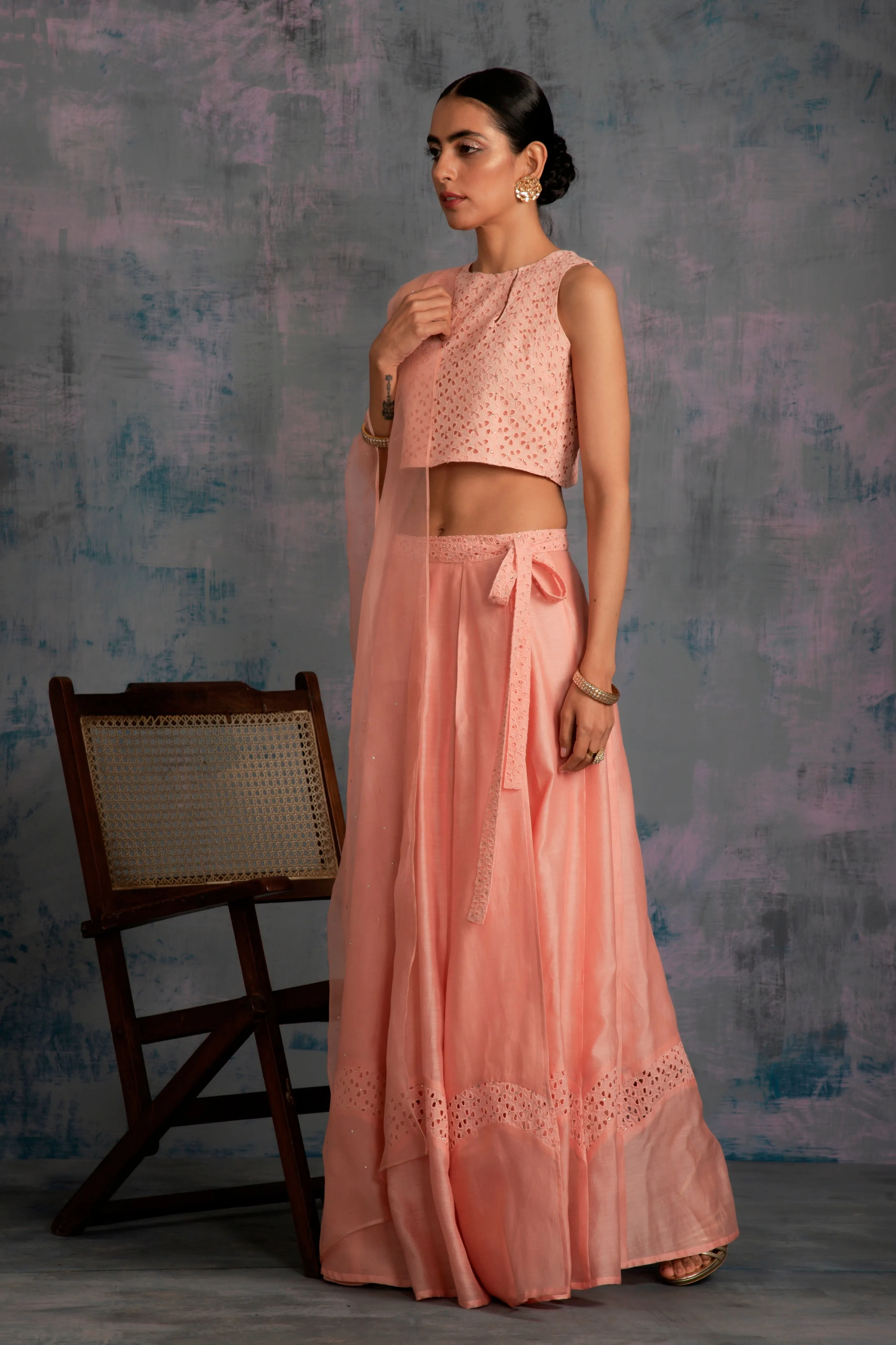 Swarovski Peach Chanderi Lehenga - Set of 3
