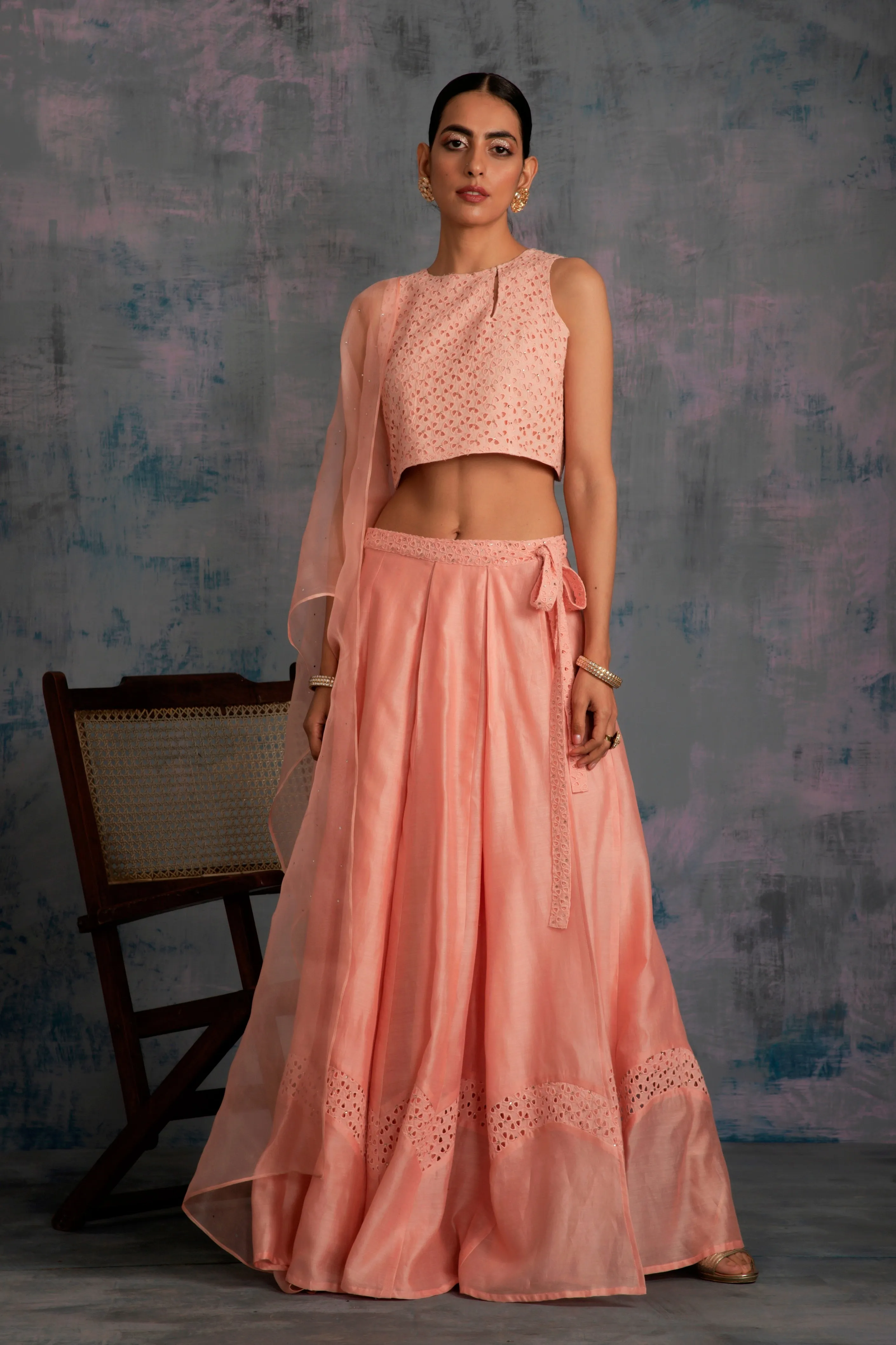 Swarovski Peach Chanderi Lehenga - Set of 3