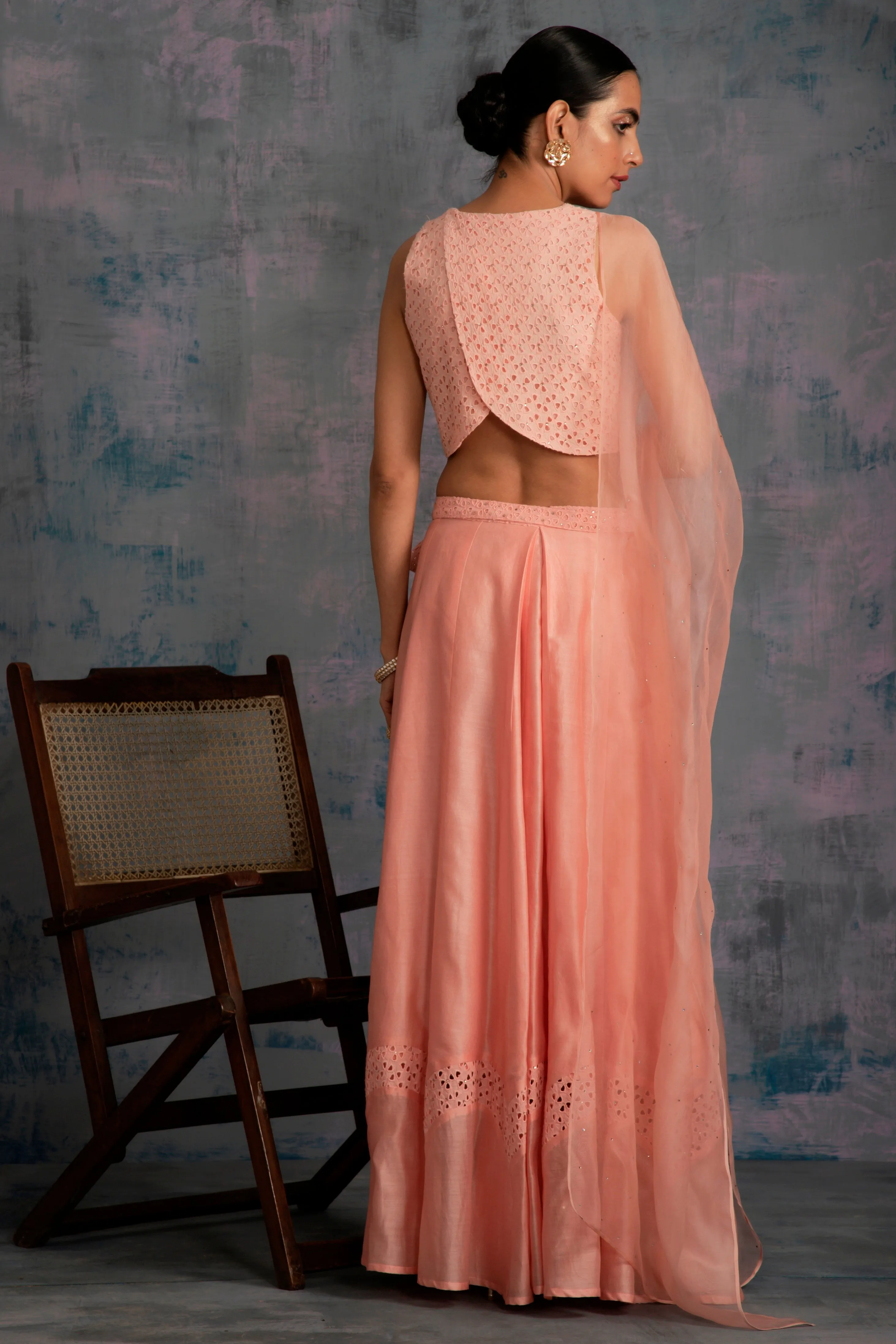 Swarovski Peach Chanderi Lehenga - Set of 3