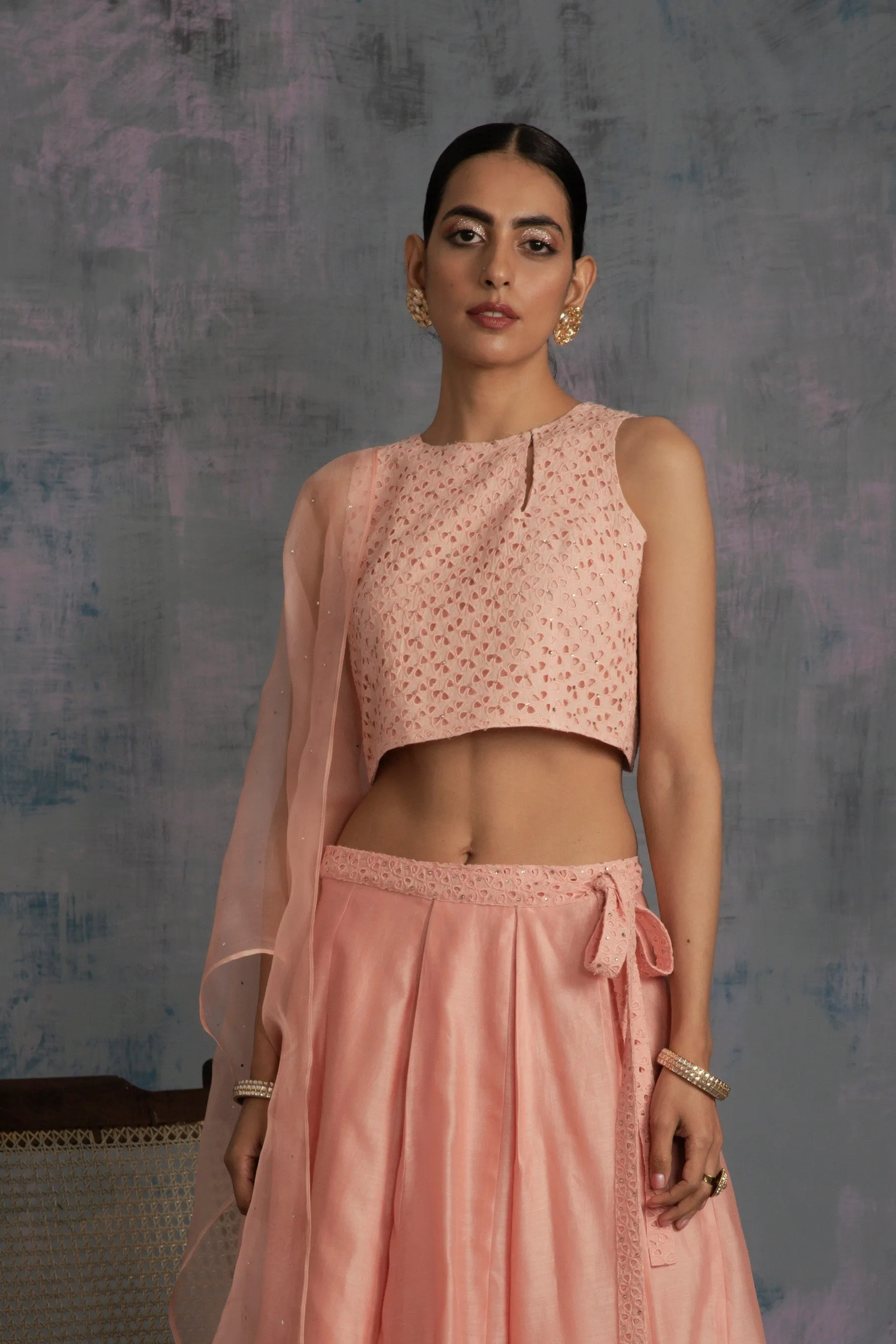 Swarovski Peach Chanderi Lehenga - Set of 3