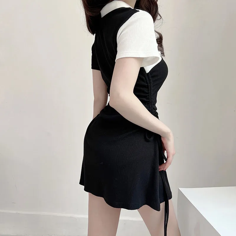 Sweet Heart Hollow Black & White Lace Slim Dress With Polo Collar SD01812