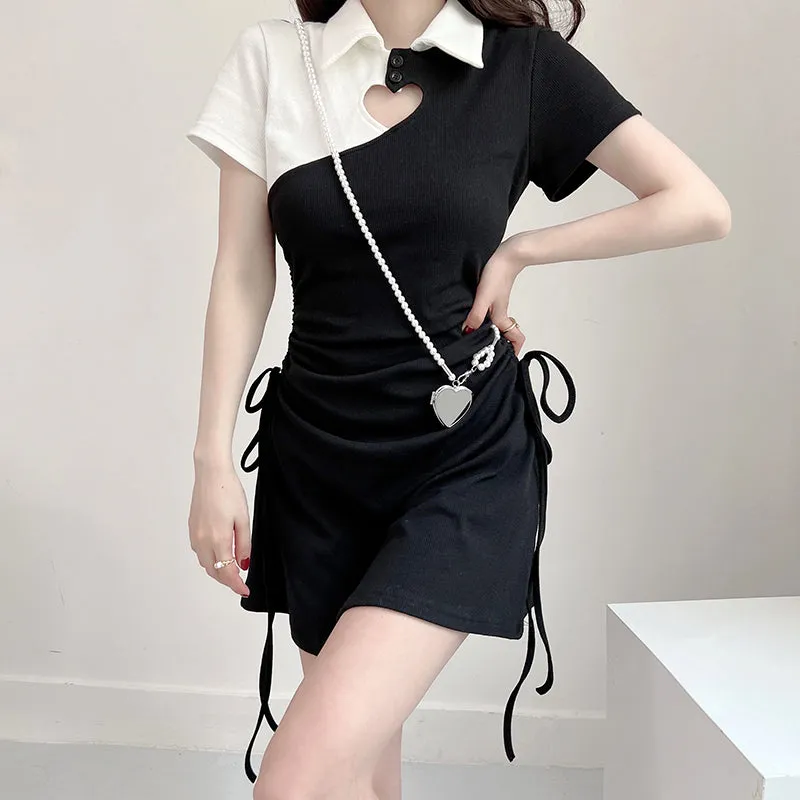 Sweet Heart Hollow Black & White Lace Slim Dress With Polo Collar SD01812