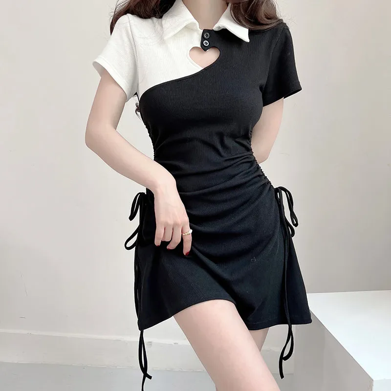 Sweet Heart Hollow Black & White Lace Slim Dress With Polo Collar SD01812