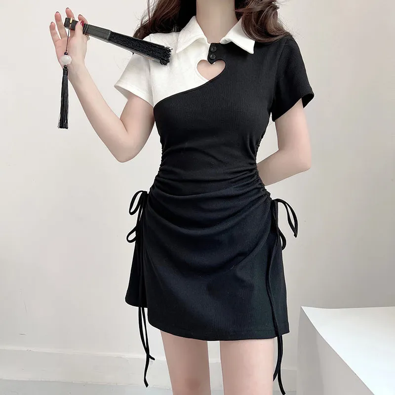 Sweet Heart Hollow Black & White Lace Slim Dress With Polo Collar SD01812