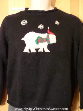 Tacky Cheap Ugly Christmas Sweater with White Bear in Festive Scarf & Hat  (f556)
