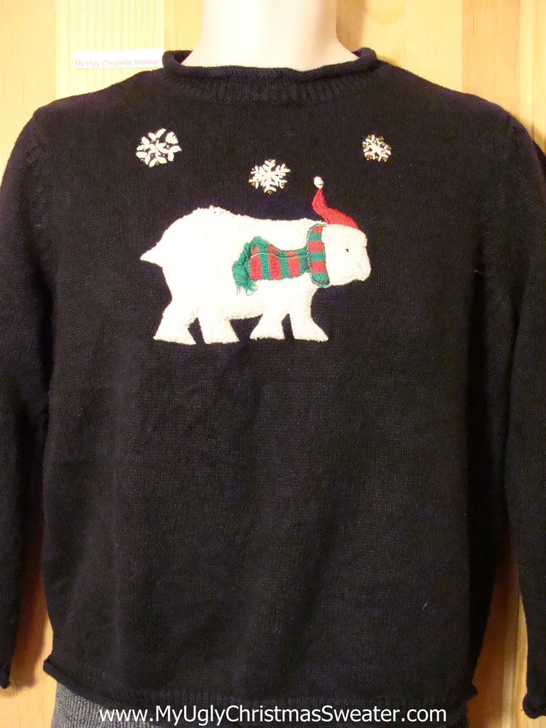 Tacky Cheap Ugly Christmas Sweater with White Bear in Festive Scarf & Hat  (f556)