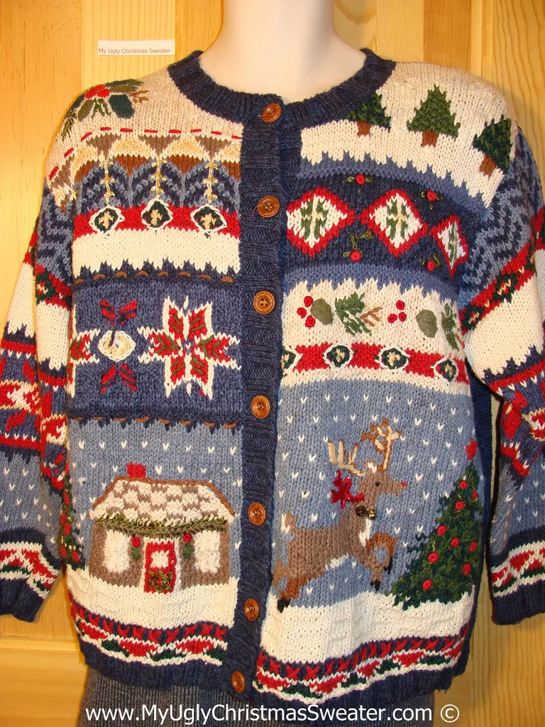 Tacky Christmas Sweater Party Ugly Sweater with 80s Style Padded Shoulders. Leaping Reindeer and Nordic Designs (f826)