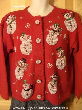 Tacky Red Ugly Christmas Sweater with Bling Bead Snowmen and Bling Buttons (f783)