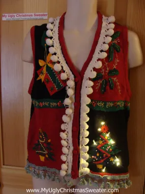 Tacky Ugly Christmas Sweater Vest with Lights and Fringe (g12)