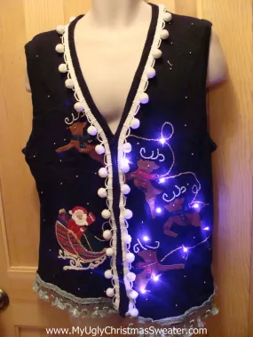 Tacky Ugly Christmas Sweater Vest with Lights and Fringe. Santa and Reindeer Friends. (g9)