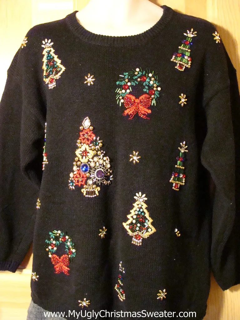 Tacky Ugly Christmas Sweater with Serious Bling Trees and Wreaths (f753)