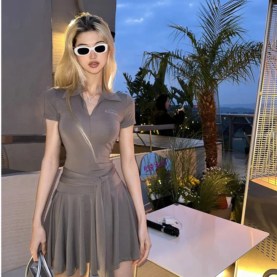 TAVIMART  -  Sweet Hot Girl Lace-up Pleated Dress for Women's Summer Polo-neck Gray Slim Fit A-line Short Dress Fashion Female Clothes