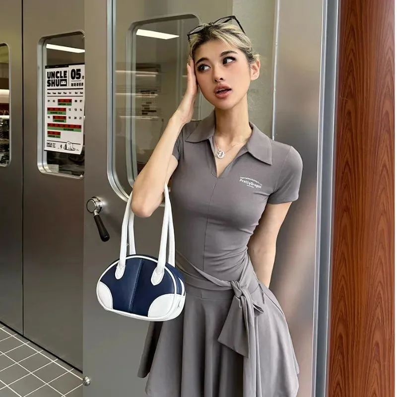 TAVIMART  -  Sweet Hot Girl Lace-up Pleated Dress for Women's Summer Polo-neck Gray Slim Fit A-line Short Dress Fashion Female Clothes