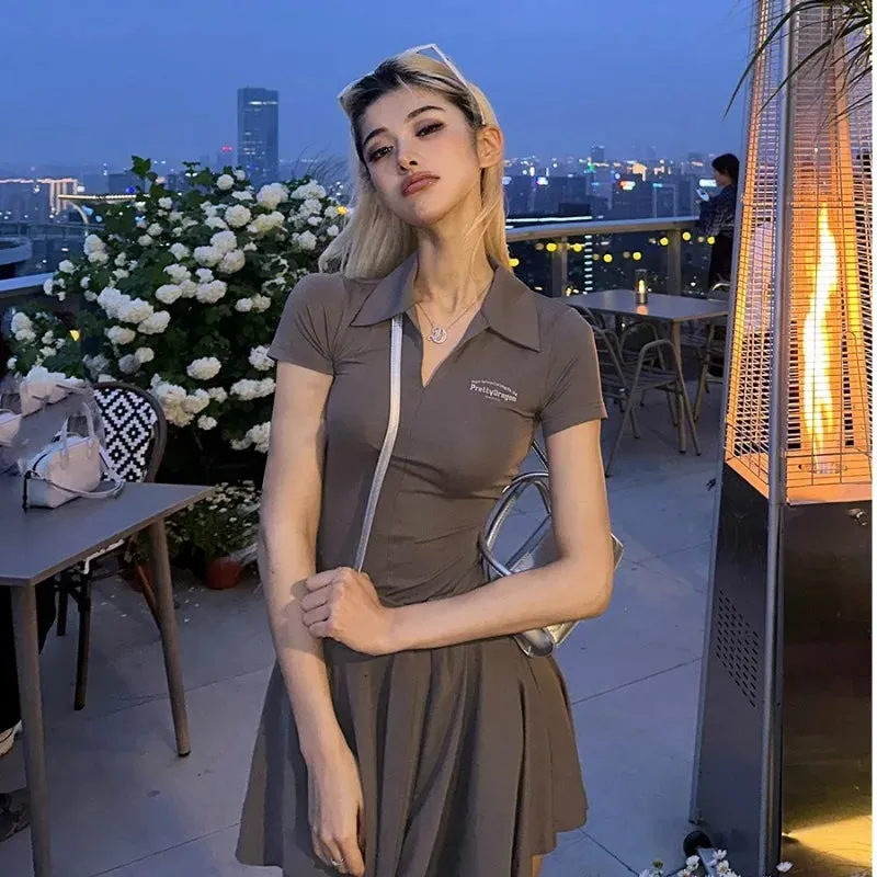 TAVIMART  -  Sweet Hot Girl Lace-up Pleated Dress for Women's Summer Polo-neck Gray Slim Fit A-line Short Dress Fashion Female Clothes