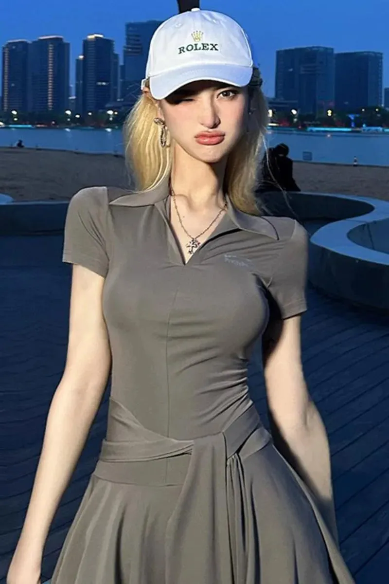 TAVIMART  -  Sweet Hot Girl Lace-up Pleated Dress for Women's Summer Polo-neck Gray Slim Fit A-line Short Dress Fashion Female Clothes