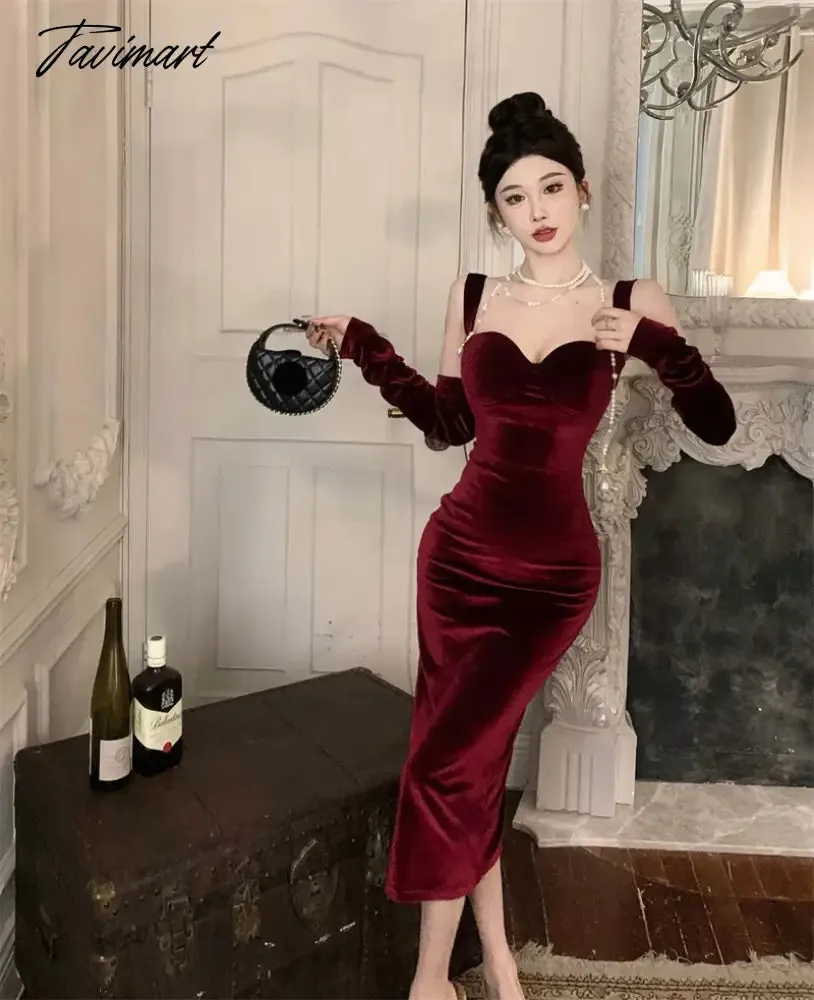 TAVIMART -  Sweet Hot Girl Retro Sexy Velvet Strap Dress for Women Autumn and Winter Square Collar Split Mermaid Wrap Hip Long Evening Dress